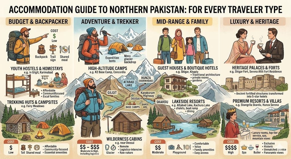 Northern Pakistan accommodation options for different traveler types
