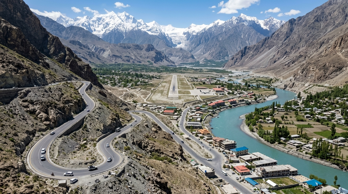 Aerial view of the scenic mountain road leading to hotels near Skardu Airport