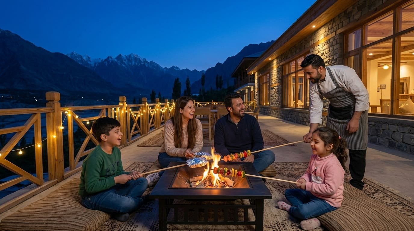 Happy family enjoying a customized campfire dinner under the stars - kid friendly hotels in Skardu