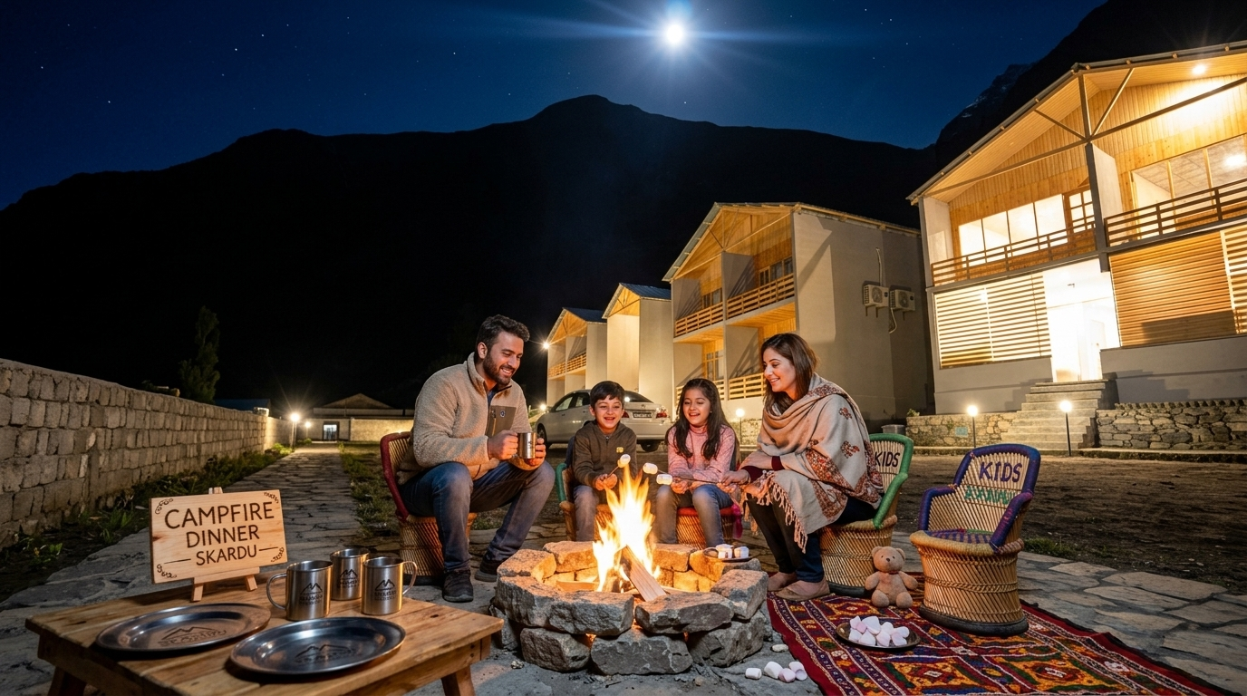 Happy family enjoying a customized campfire dinner under the stars - kid friendly hotels in Skardu