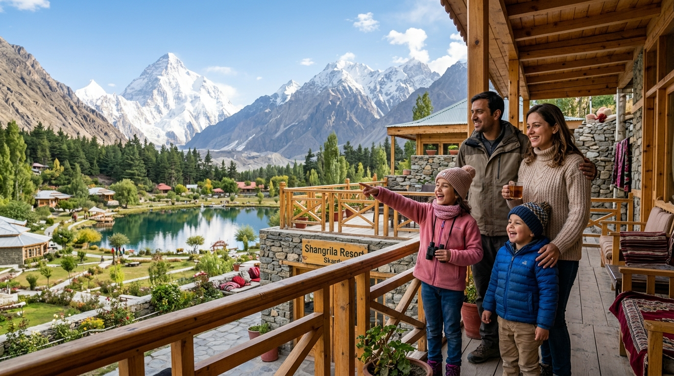 Family resort in Skardu with children enjoying mountain views