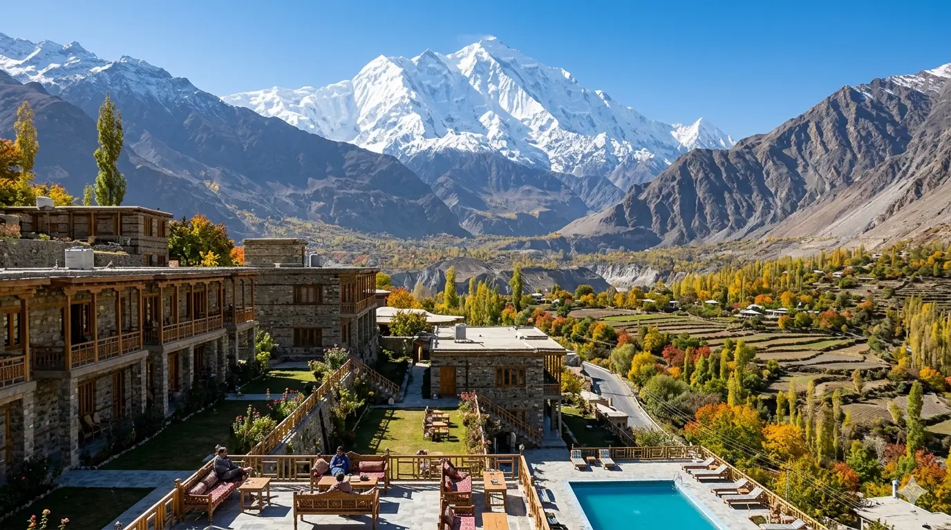 Hunza Valley resorts with Rakaposhi mountain backdrop