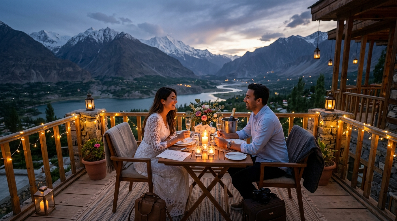 Romantic honeymoon Skardu package private balcony dinner setup
