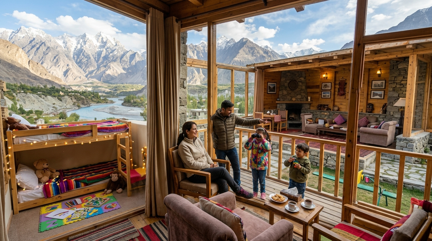 Kid-friendly resort Skardu family suite with mountain views