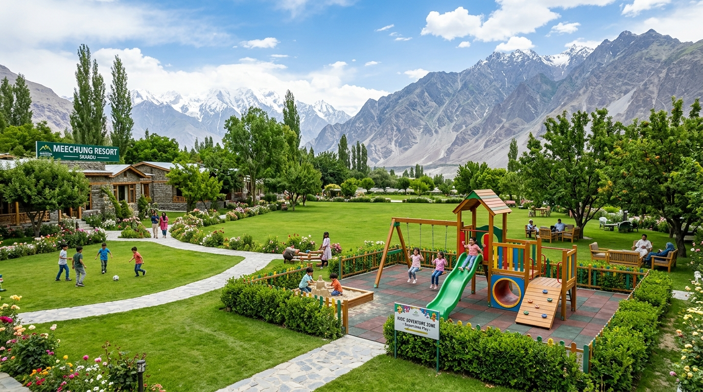 Beautifully manicured 11-kanal lawn at Meechung Resort showing safe play areas for kids - resort for families in Skardu