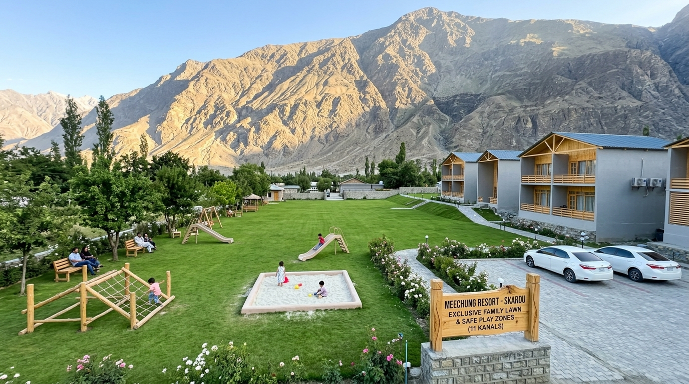  Beautifully manicured 11-kanal lawn at Meechung Resort showing safe play areas for kids - resort for families in Skardu