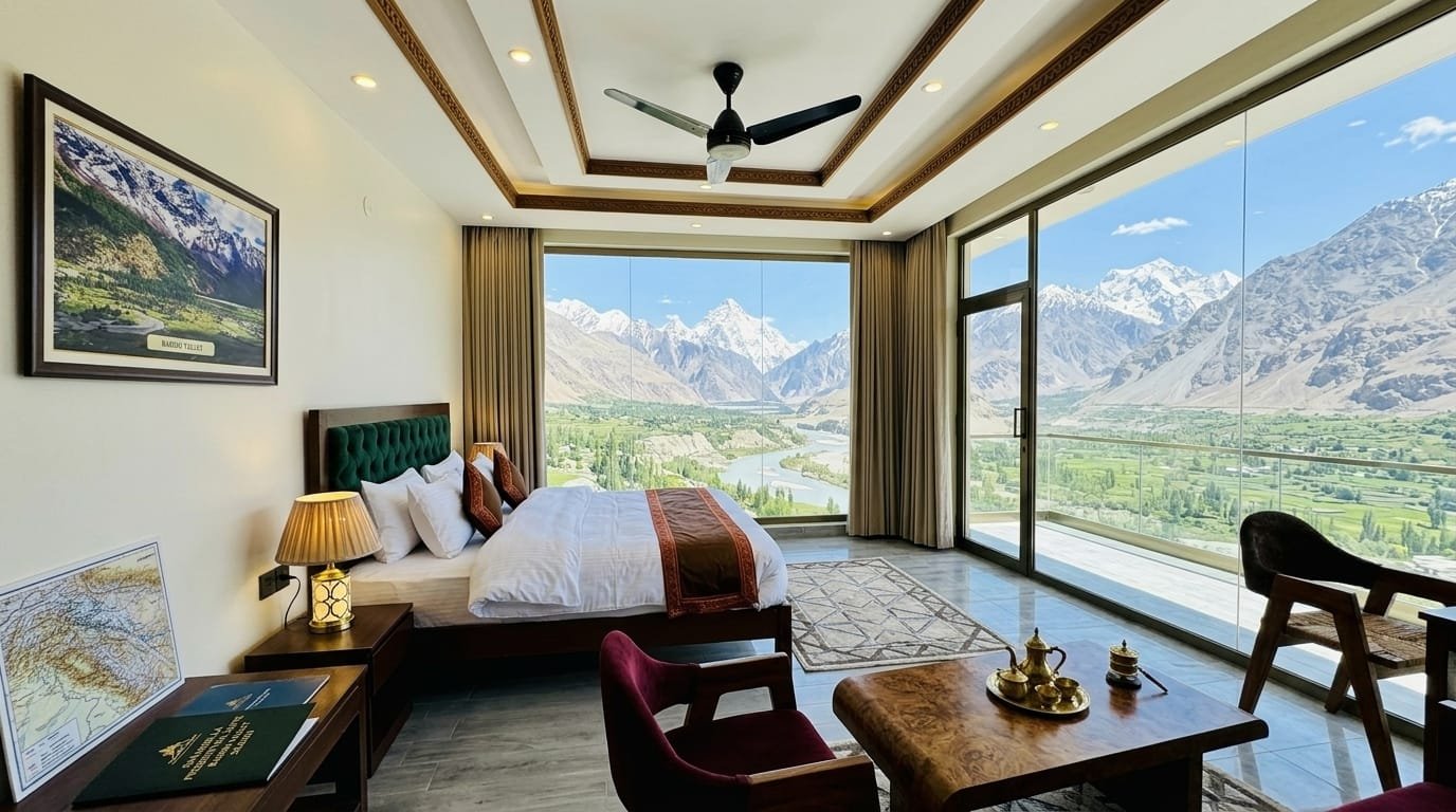 Luxury resort Skardu Presidential Suite interior with mountain views