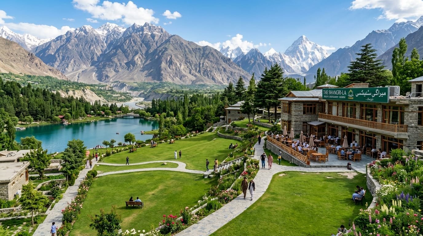 scenic mountain view with sprawling lawns at resort with restaurant in skardu