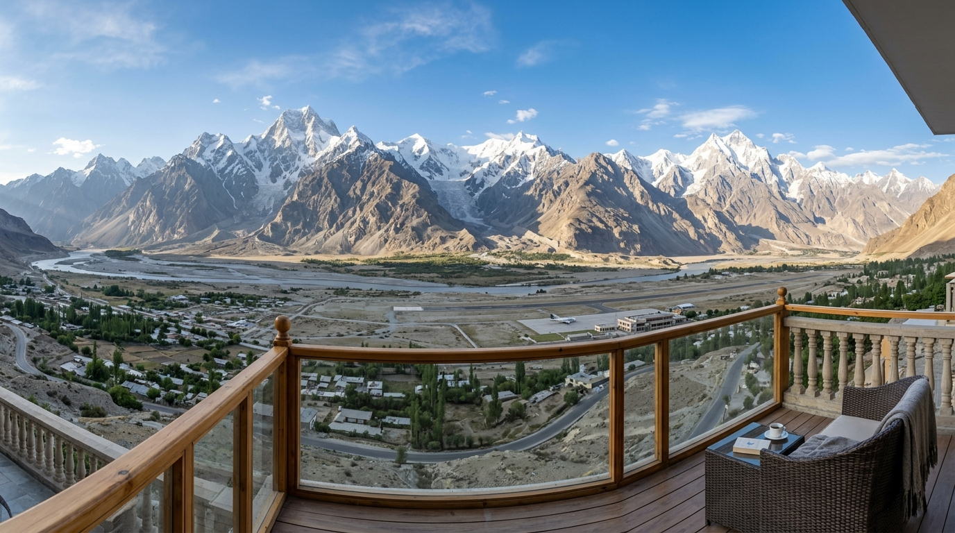 Panoramic view of the Karakoram mountains from an executive suites near airport Skardu balcony