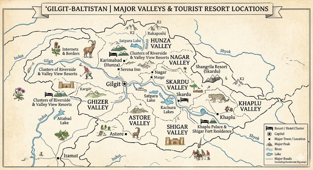 Resorts in Gilgit-Baltistan map showing major valleys and locations