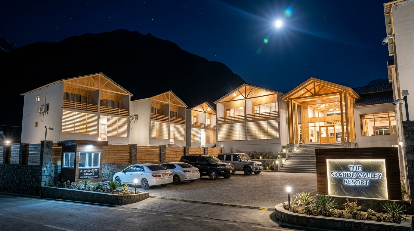 Overview of the secure parking area and exterior architecture - best resort in Skardu Valley