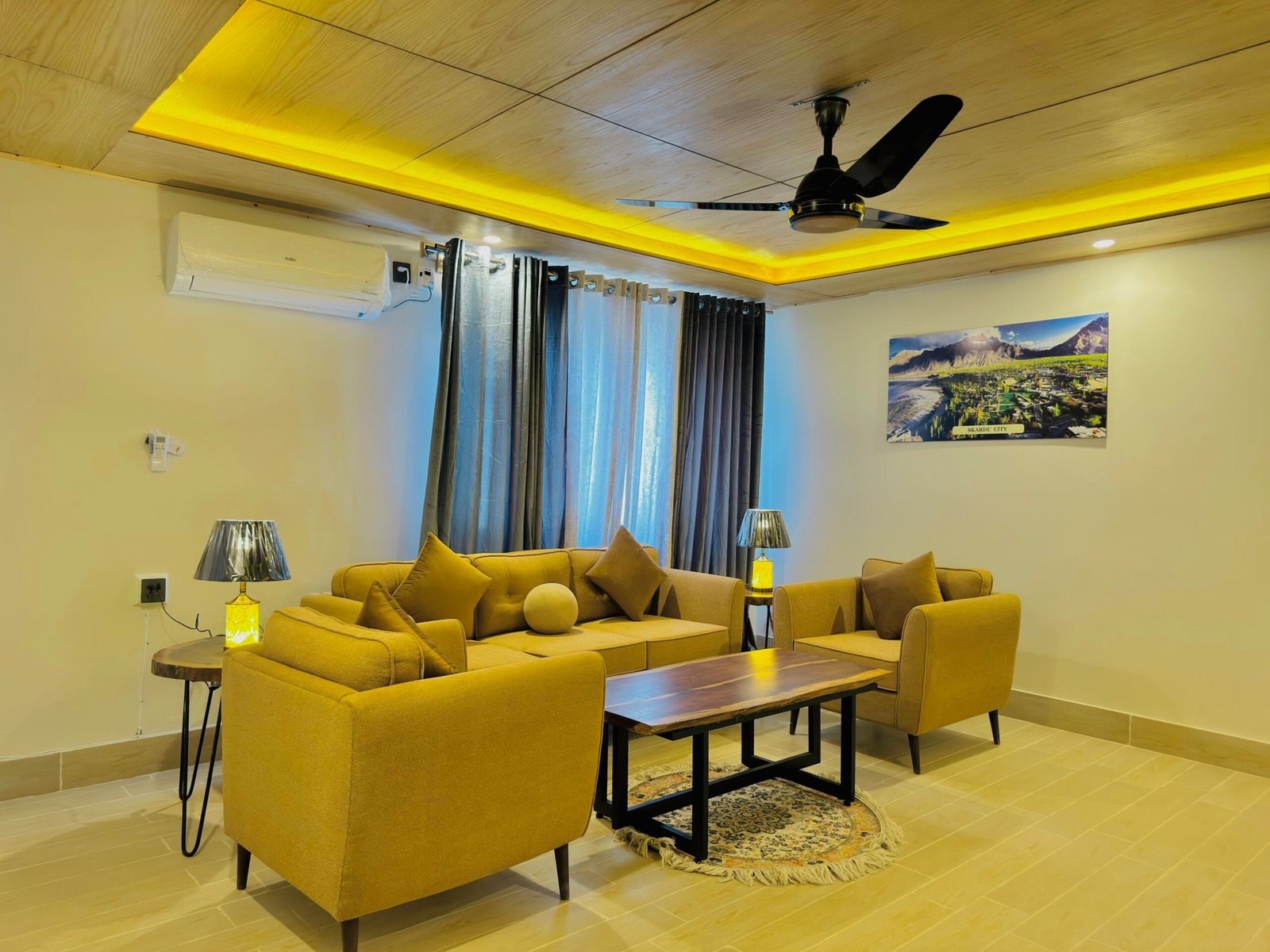 spacious living room inside a premium duplex villa resort with restaurant in skardu